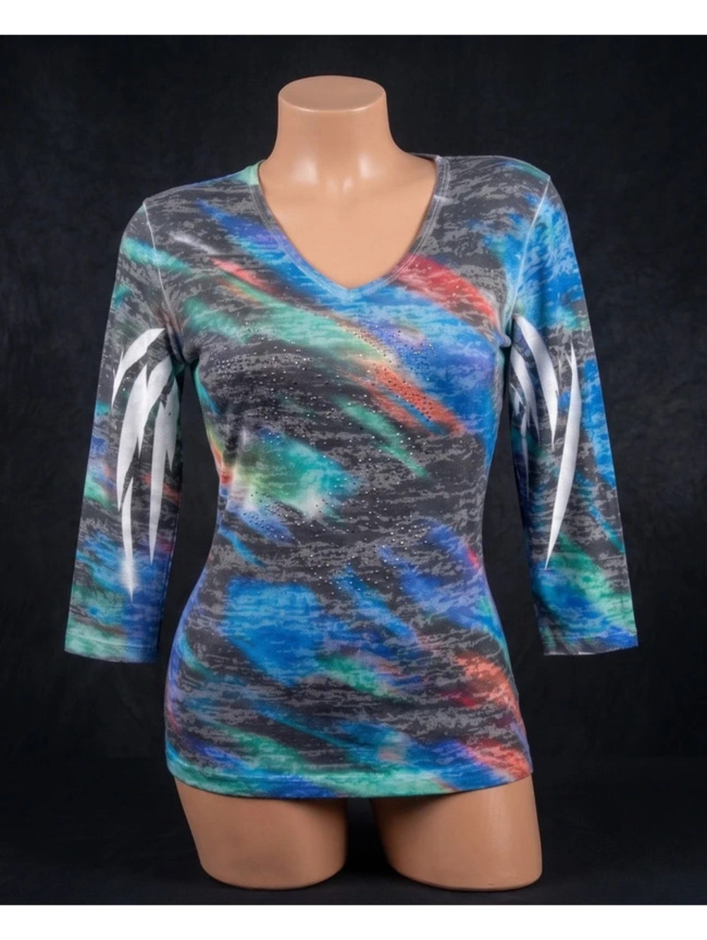 Y2K Jess & Jane Abstract Print Top SZ S Multicolor 3/4 Sleeve Rhinestone V-Neck